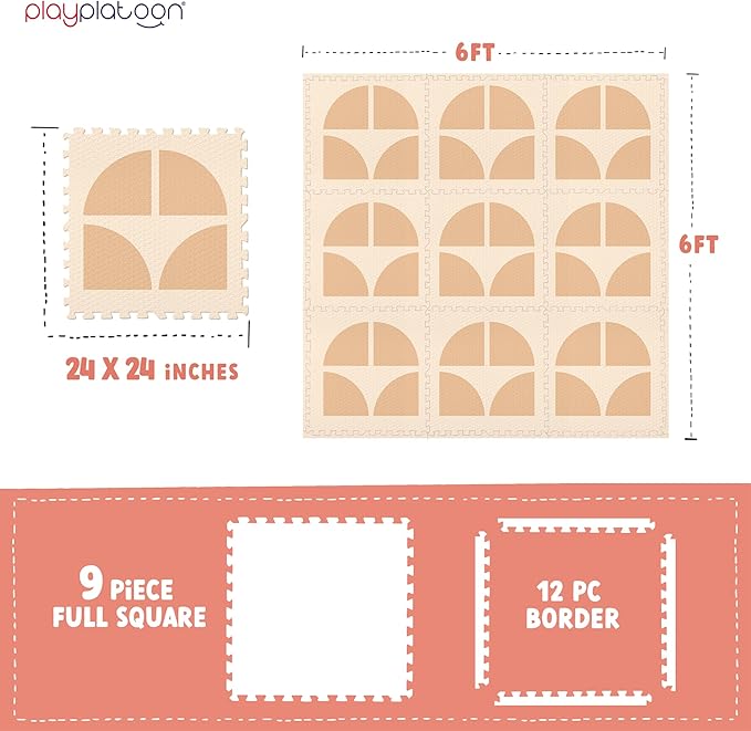 Play Platoon Large Kids Mats for Floors, Non-Toxic, 9 Tile 72 x 72 inch, Extra-Thick Interlocking Tiles, 24 x 24 in. Puzzle Mat Pieces with Border, Neutral Playmat Rug for Toddlers & Children