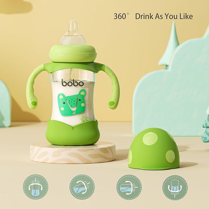 YOHKOH Natural Glass Baby Bottle with Natural Response Nipple, Wide Neck Baby Bottles with Handle, Newborn Anti-Colic Baby Bottles Gift Set, Clear (5.4oz (Pack of 4), Green)