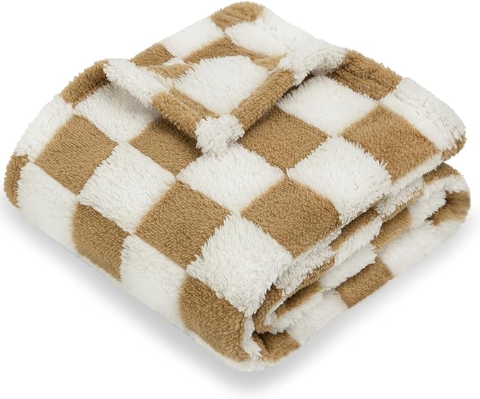 HOMRITAR Super Soft Baby Blankets for Boys Girls Warm Cozy Reversible Checkerboard Toddlers Blanket, Fluffy Fuzzy Plush Lightweight Bed Blanket with Chessboard Grid Design 350GSM Khaki 30 x 40 Inch