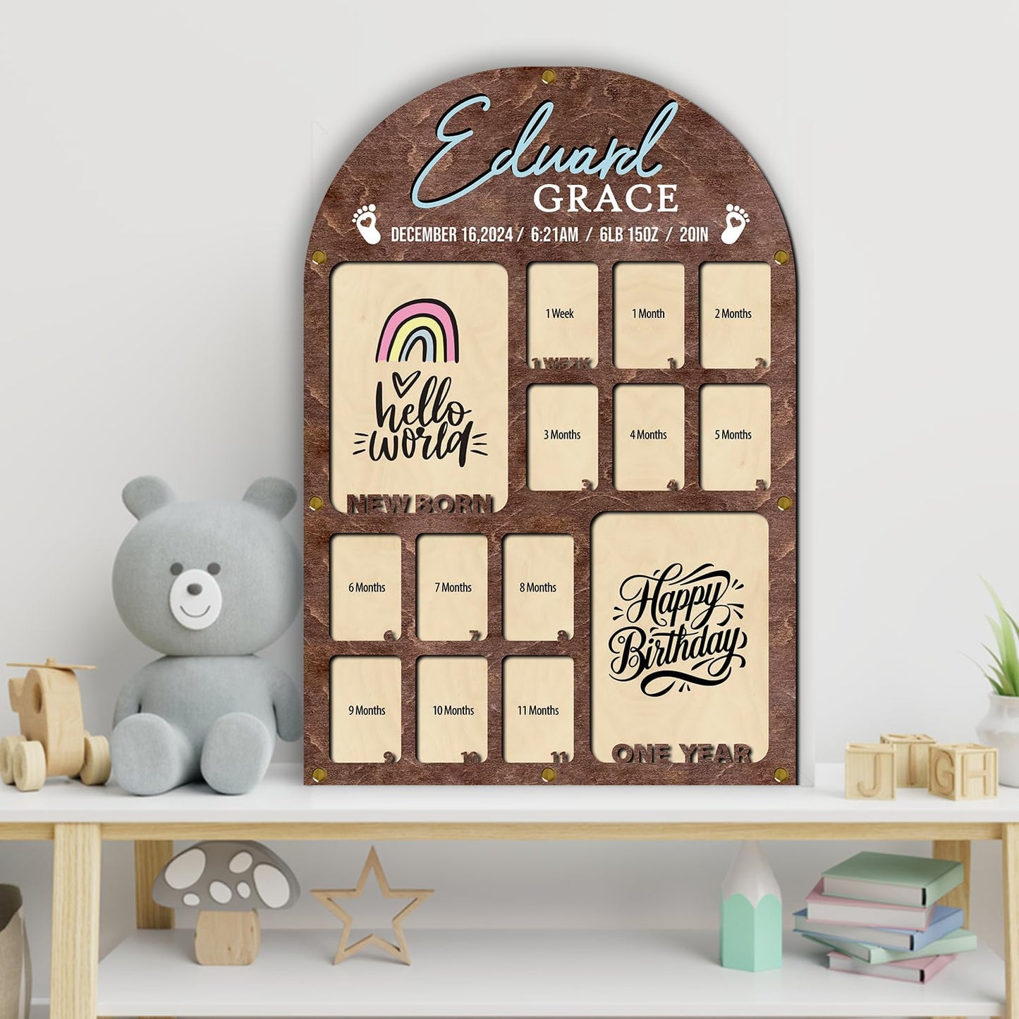 Personalized My First Year Photo Frame | 12 Months Picture Frame For Baby First Year | Displays Two 4x6 Photo and Twelve 2x3 Pictures | Birthday Party Decor Newborn Memory Keepsake, Rainbow