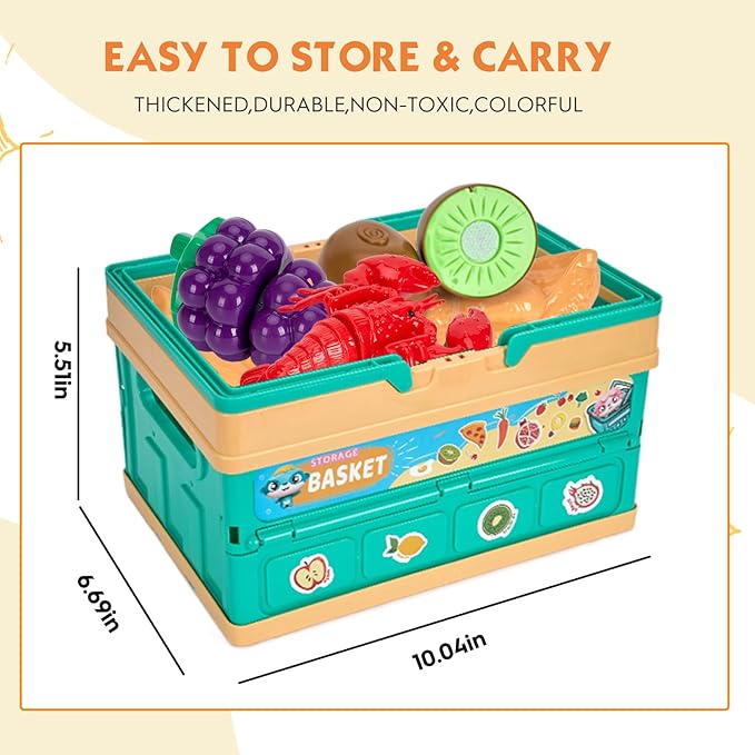 80Pcs Kitchen Playset, Toddler Pretend Cooking with Pots, Pans, Cookware, Food, Picnic Blanket, Fruits, Veges, Shopping Storage Basket, Dessert , Learning Gift for Girls Boys (Turquoise)