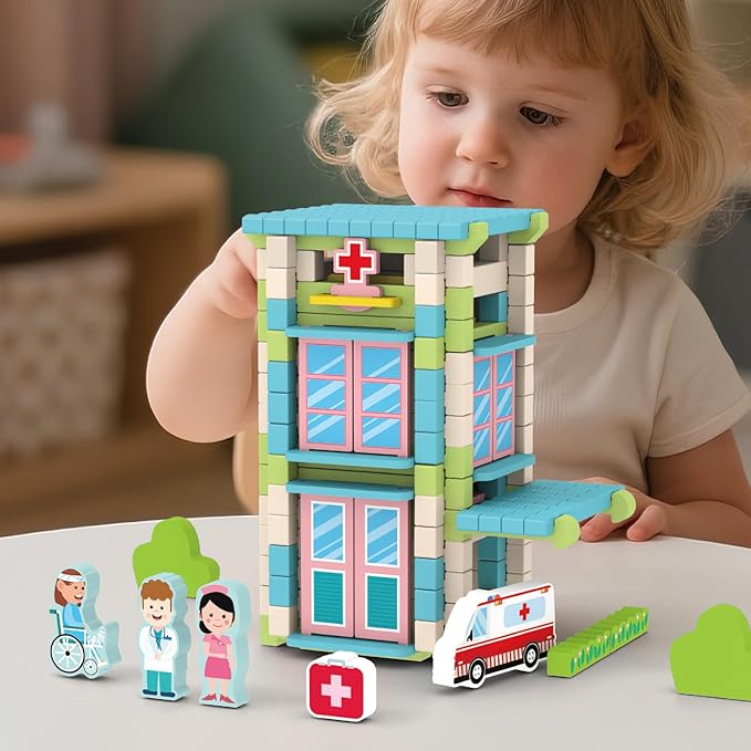 123PCS Wooden Building Blocks Set for Toddlers, Construction City Stacking Toys, Preschool Learning Educational Toys for Kids 3+ Years Girls and Boys (Hospital)