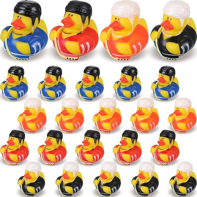 Jexine 24 Pieces Rubber Ducks 4 Styles Assorted Rubber Fun and Adorable Gifts Birthday Party Supplies Bathtub Floating Ducking Reward Gift Bag Filler(Hockey Style)