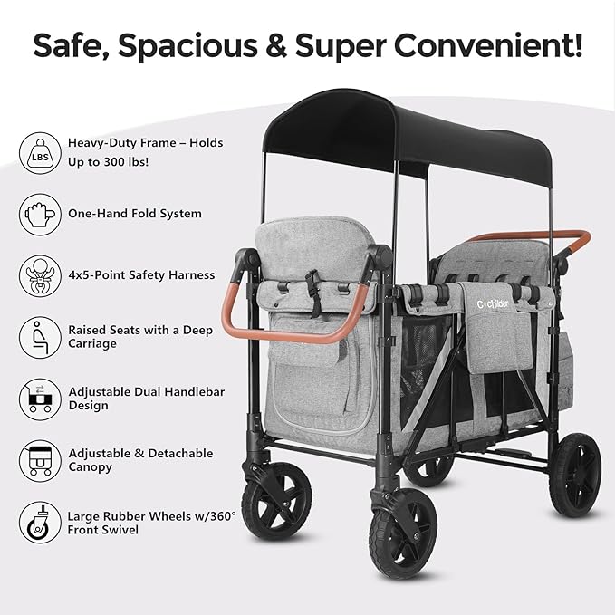 Premium 4-Seater Wagon Stroller for Kids, All-Terrain Heavy Duty Stroller Wagon with 300lb Capacity, 1-Hand Fold, High Seats with 5-Point Harness, Adjustable Canopy & Handlebars, Light Gray