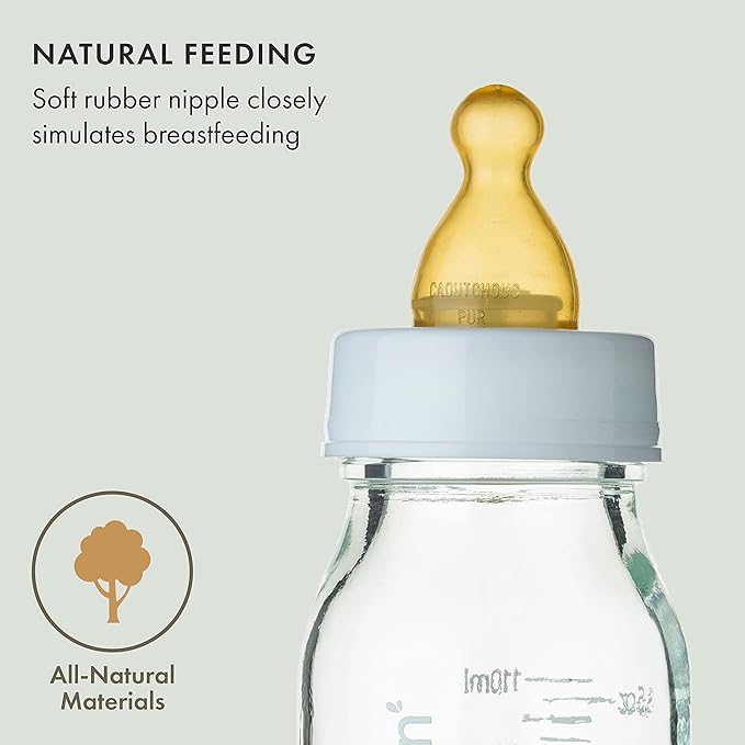 Natursutten Glass Baby Bottles 8 oz and 4 oz - Anti-Colic Baby Bottles for Breastfeeding Babies, Suitable for Boiling and Freezing - Bottles with Natural Rubber, Slow Flow Nipples for Newborn Babies