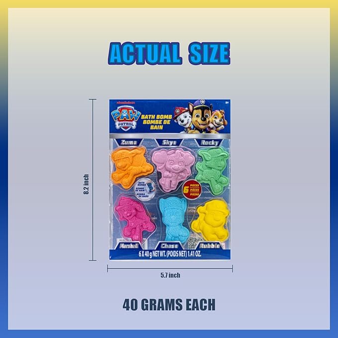 Paw Patrol 6 Pack Cucumber Melon Scented Bath Bombs Non-Toxic Character Molded Bath Bombs Fun and Bright Colors Great for Birthday Gifts, Stocking Stuffers, Slumber by Townley Girl