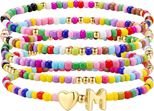 M MOOHAM Stocking Stuffers for Kids Girls Teen - 5PCS Colorful Beaded Initial Bracelets for Women Girls, Cute Stretch Heart Letter Bohemian Stackable Bracelet Birthday Gifts Jewelry for Kids Teen Girl