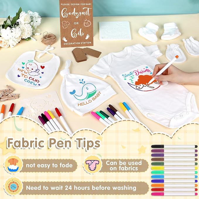 162Pcs Baby Shower Game Decorations Kit with Bibs, Fabric Markers, Wooden Sign, Bodysuits & Tags