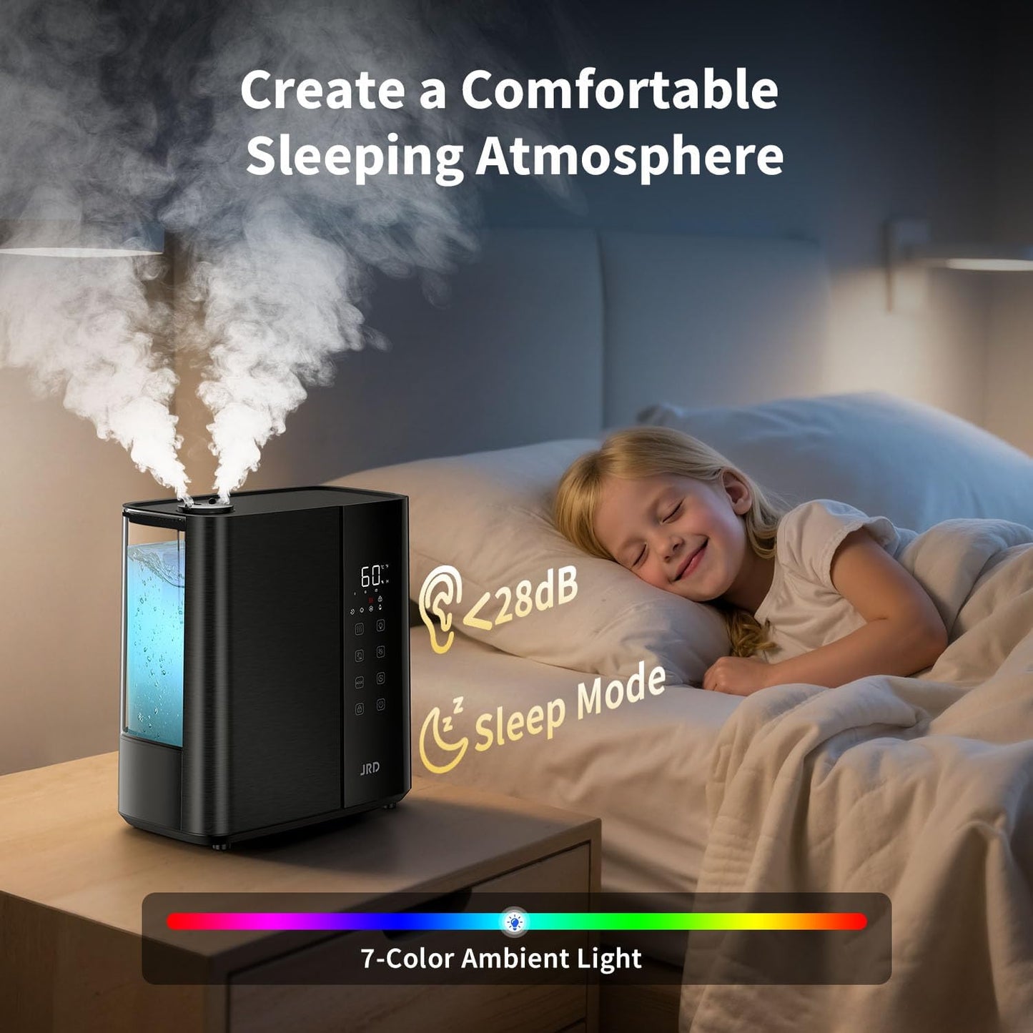 JRD Smart Humidifiers for Bedroom, 5L Warm & Cool Mist Ultrasonic Air Humidifier for Large Room Home Indoor, 50Hrs Quiet Runtime for Baby, Plants, Remote Control, Auto Humidity Sensor, 12H Timer