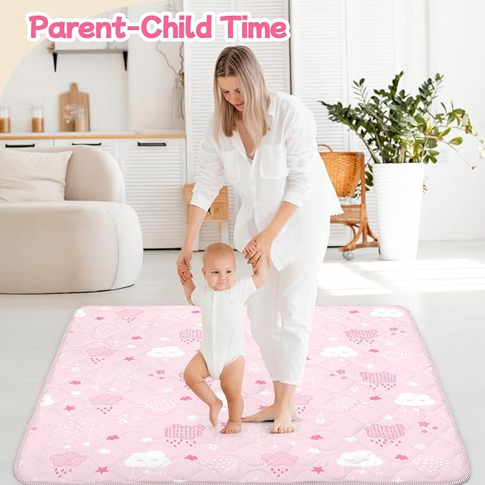 Baby Play Mat for Floor,Soft 50x50 Playpen Mat,Thick Foam Cushioned Playmat for Tummy Time,Safe Non-Slip Backing for Crawling for Kids Toddlers Infants,Pink Clouds