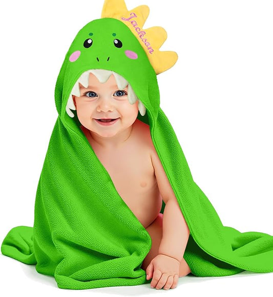 Custom Hooded Bath Towel with Name, Personalized Highly Absorbent Bunny Towels, Baby Bath Towels for Girls Boys, Brithday for Baby, Toddler, Newborn (Green-Dinosaurs)