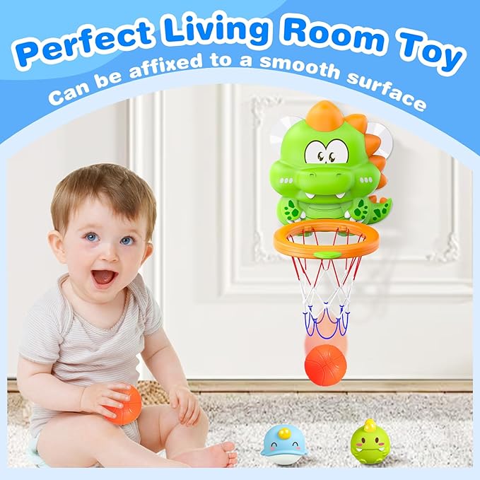Topsolid Bathtub Basketball Hoop for Kids - Dino Style 2-in-1 Bath Toys with Strong Suction Cups & 4 No Hole Balls | Fun Shooting Game for Baby Toddler Boys & Girls Ages 1-8
