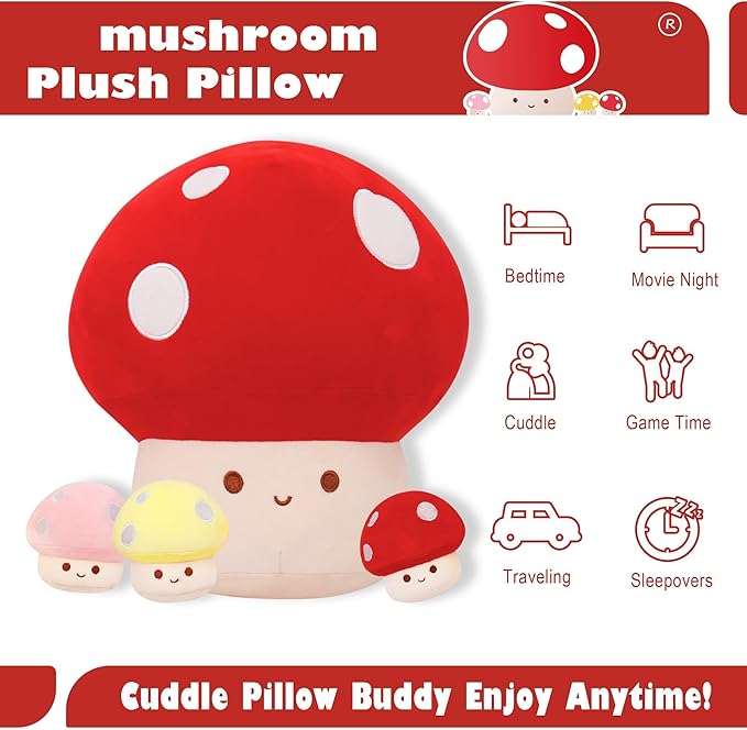 4PCS Mushroom Plush, 12 Inch Mushroom Plush Pillow with 3 Babies, Mushroom Stuffed Animals, Plush Toy Pillows, Mushroom Stuffed Pillow Room Decor Gift for Kids Adults