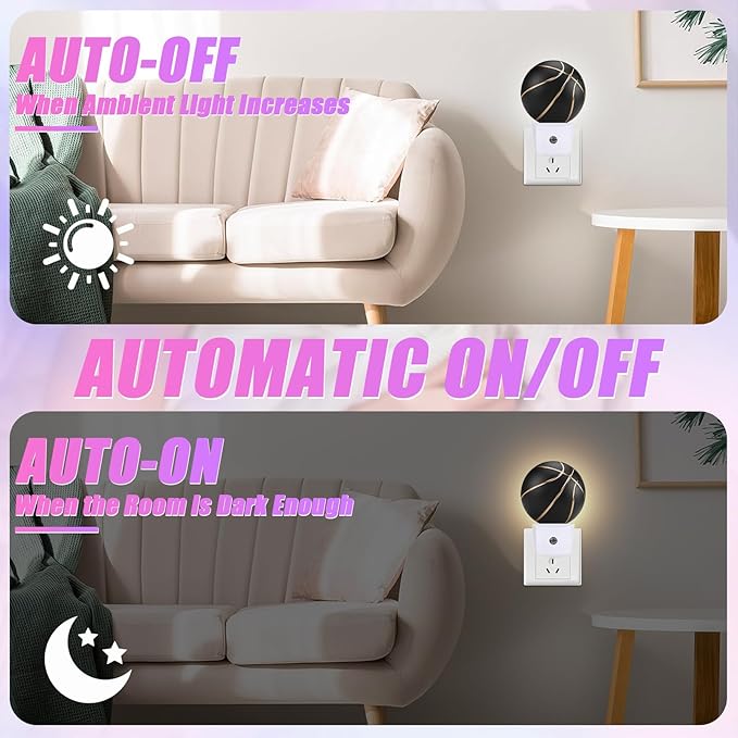 Basketball Night Light Sport Ball Night Lights LED Lamp Round Plug into Wall Nightlight with Dusk to Dawn Sensor Home Hallway Stairway Kitchen Decor