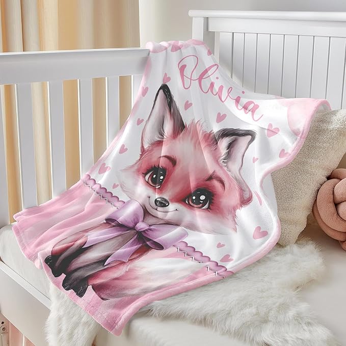 Personalized Baby Blanket for Girls, Custom Baby Blanket with Name, Soft Cozy Personalized Name Blankets for Kids, Customized Fox Blanket for Infant Toddler Birthday Christmas