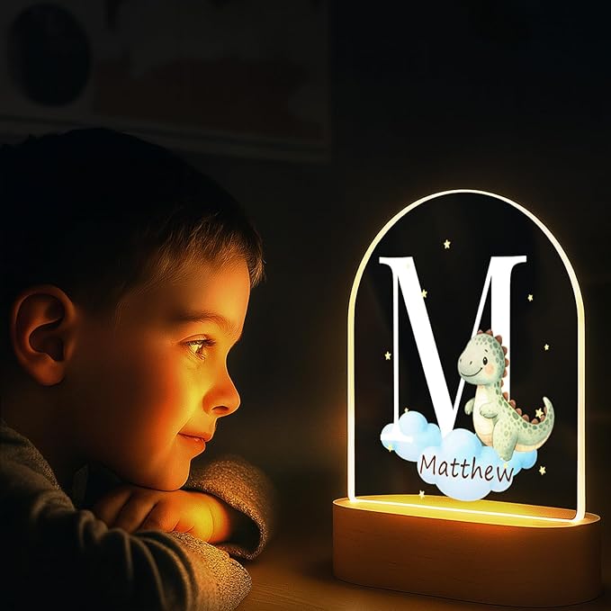 Custom Baby Gift Night Light for Baby Boys Girls Nursery Decor, Personalized Initial Name LED Night Light with Wooden Base, LED Color-Changing Lamp for Toddlers Kids