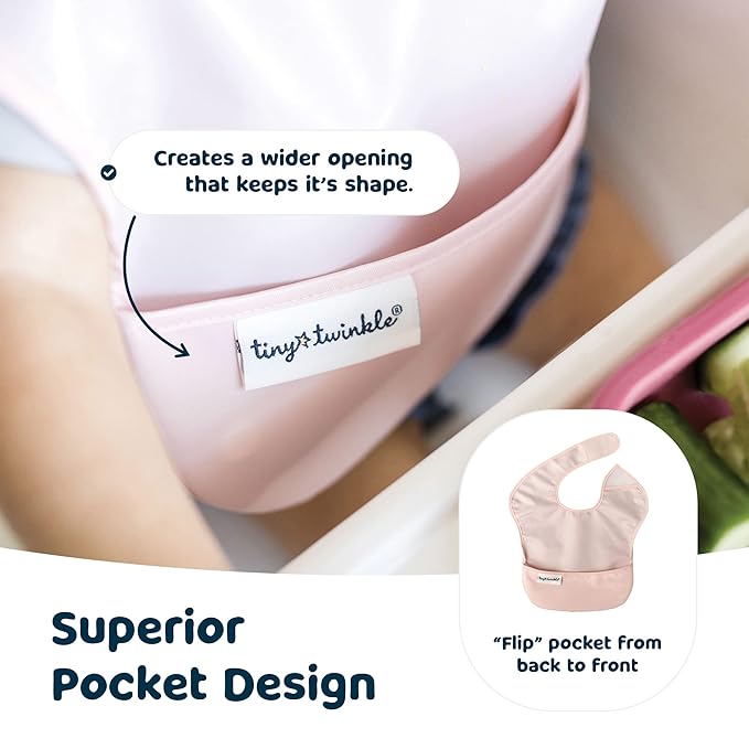 Tiny Twinkle Mess Proof Baby Bibs for Eating – Waterproof, Wipeable Toddler Bibs with Pocket – Baby Food Bibs for Girls & Boys(3 Pack,Blush, Burgundy)