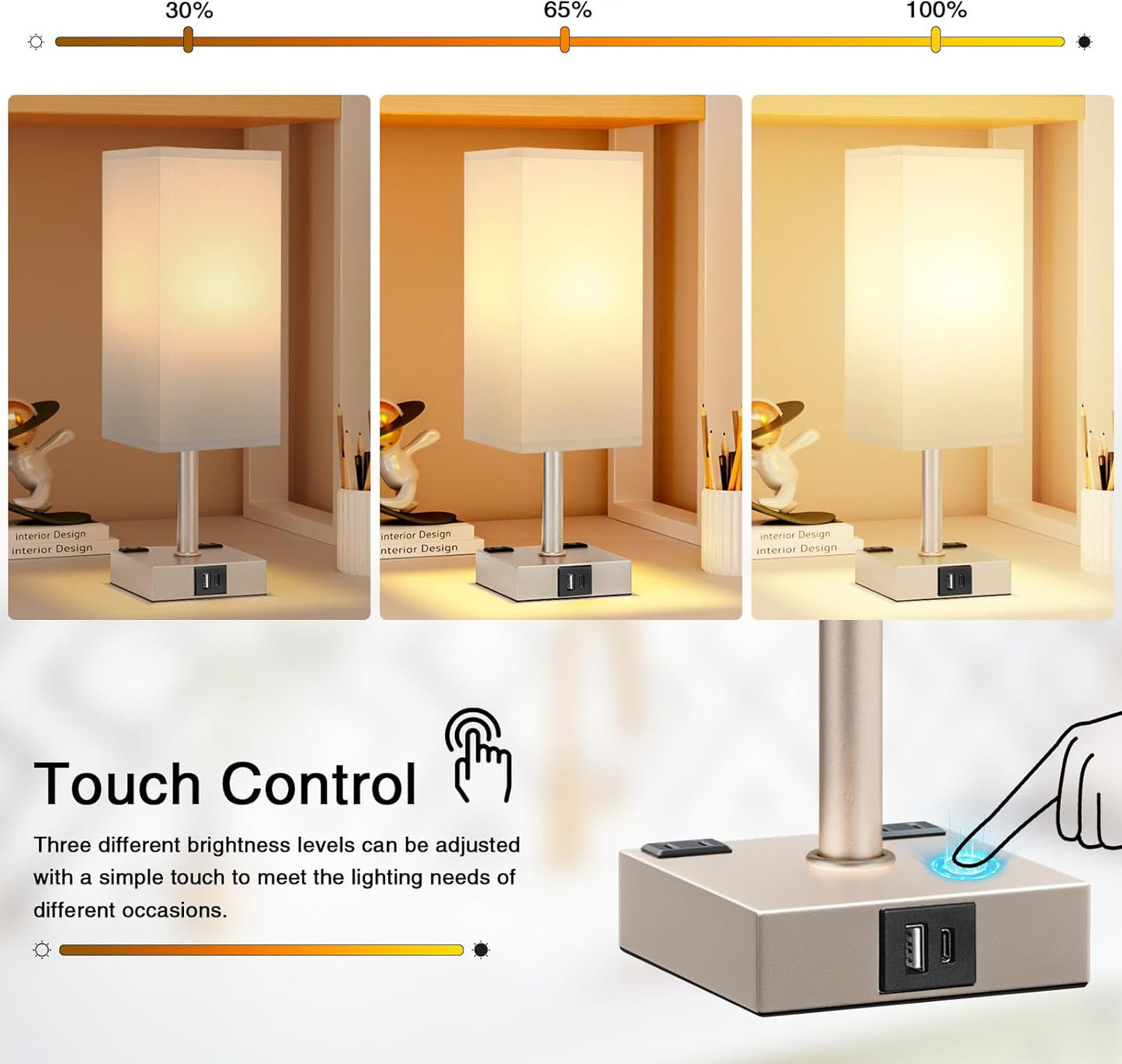 Antique White Touch Table Lamp - Mochaca Gold Bedside Lamp with USB A + Type C Charging Ports and Two AC Outlets, Small Night Stand with E26 LED Bulb, Desk Light for Bedroom Living Room Office Dorm