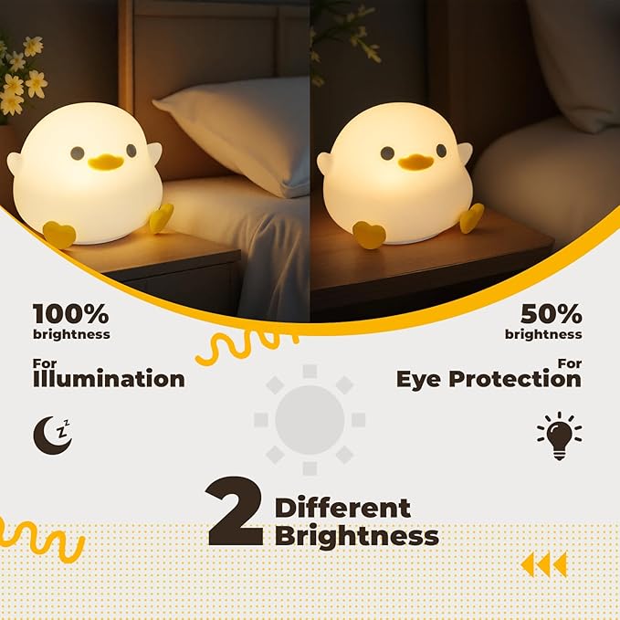 LED Squishy Animal Night Light - 2 Level Dimmable Nursery Lamp for Kids, Rechargeable Touch Lamp, Cute Dorm Decor - Perfect Baby Boys Girls Gift (Pea Duck)