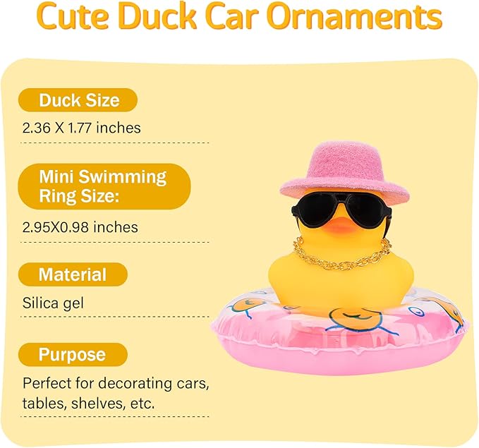 wonuu Car Rubber Duck, Yellow Duck Decoration Dashboard with Sun Hat Swim Ring Necklace Sunglasses for Car Dashboard Decorations, Pink Top Hat-Pink