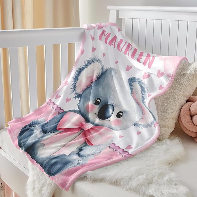 Personalized Baby Blanket for Girls, Custom Baby Blanket with Name, Soft Cozy Personalized Name Blankets for Kids, Customized Koala Blanket for Infant Toddler Birthday Christmas