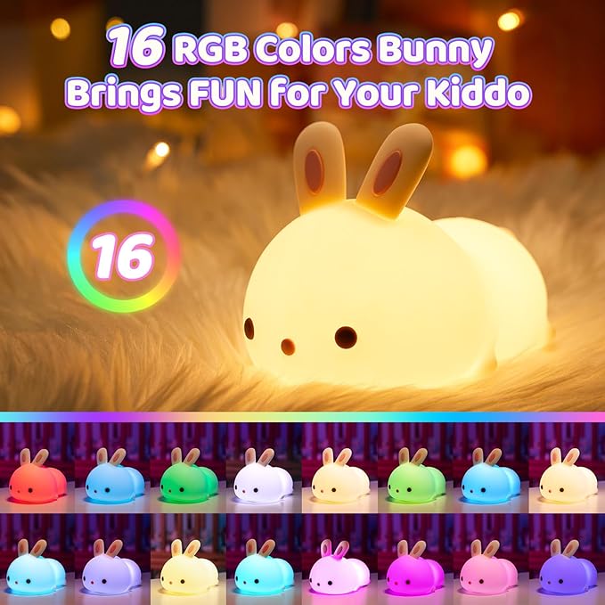 One Fire Bunny Christmas Night Light for Kids, 16 Colors Cute Lamp, Soft Silicone Baby Night Light, 1200mAh Portable Dimmable Touch Lamps, Kawaii Room Decor Stuff, Gifts for Christmas|Halloween|Easter