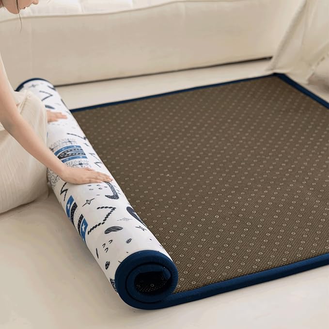 Loartee Rainbow Kids Play Mat - 1" Thick Baby Nursery Rug, Soft Crawling for Toddlers, Coral Velvet Memory Foam Tummy Time, Blue, 59"x78"