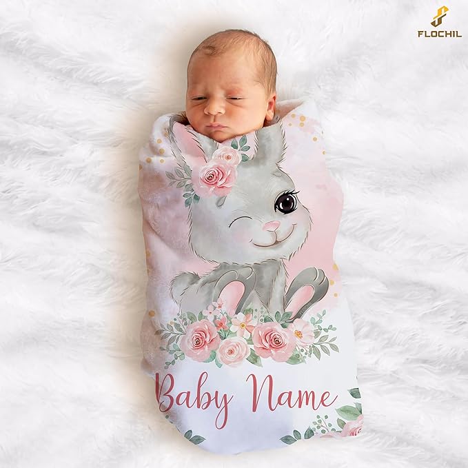 FLOCHIL Personalized Baby Blanket for Girls, Custom Baby Blanket with Name, Customized Baby Products, Gift for Baby, Newborn, Baby Shower (Bunny 1)