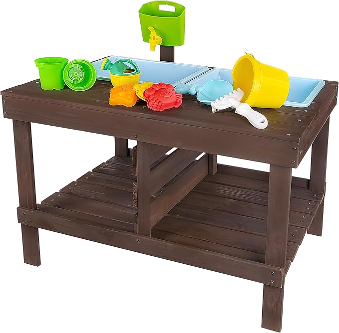 WONKAWOO Sand and Water Table for Toddlers | Outdoor Wooden Sensory Sand Table with 2 Plastic Bins, Built-in Water Tap and Beach Toys Included | Sand & Splash Oasis™ Standing Play Activity Table