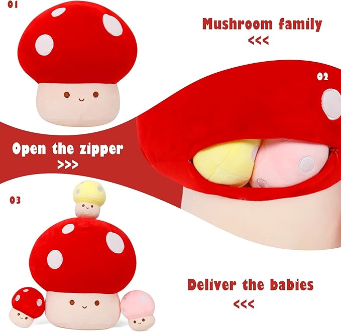 4PCS Mushroom Plush, 12 Inch Mushroom Plush Pillow with 3 Babies, Mushroom Stuffed Animals, Plush Toy Pillows, Mushroom Stuffed Pillow Room Decor Gift for Kids Adults