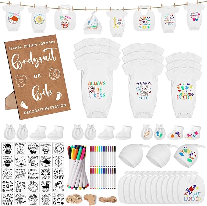 162Pcs Baby Shower Game Decorations Kit with Bibs, Fabric Markers, Wooden Sign, Bodysuits & Tags