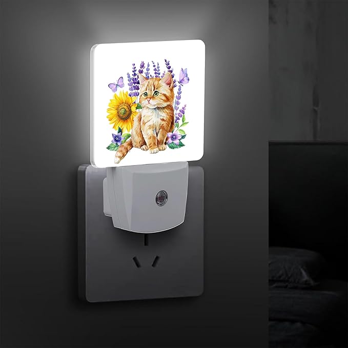 Cute Kitten and Lavender Flowers,Sunflower Butterflies Floral Plug in Night Light with Auto Dusk to Dawn Sensor,Warm Night Lights for Boys Girls Bedroom Bathroom Hallway Kids Room Gifts