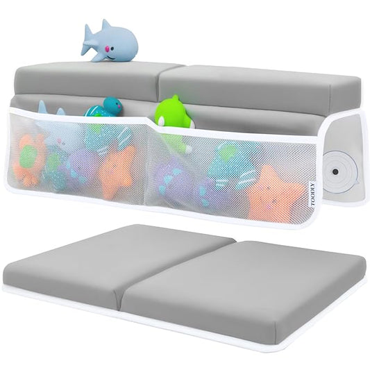 Comfortable Baby Bath Kneeler and Elbow Rest Pad Set – Thick Memory Foam Bath Kneeling Pad with Elbow Support – Baby Bathtub Cushion with Toy Organizer for Bathing Infant or Toddler - Grey