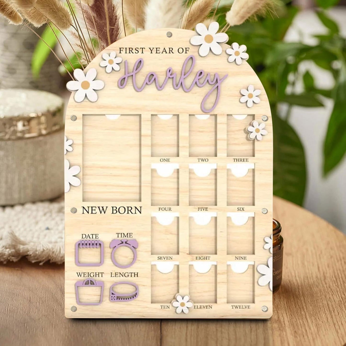 Personalized My First Year Photo Frame | 12 Months Picture Frame For Baby First Year | Displays One 4x6 Photo and Twelve 2x3 Pictures | Birthday Party Decor Newborn Memory Keepsake, Daisy Florals