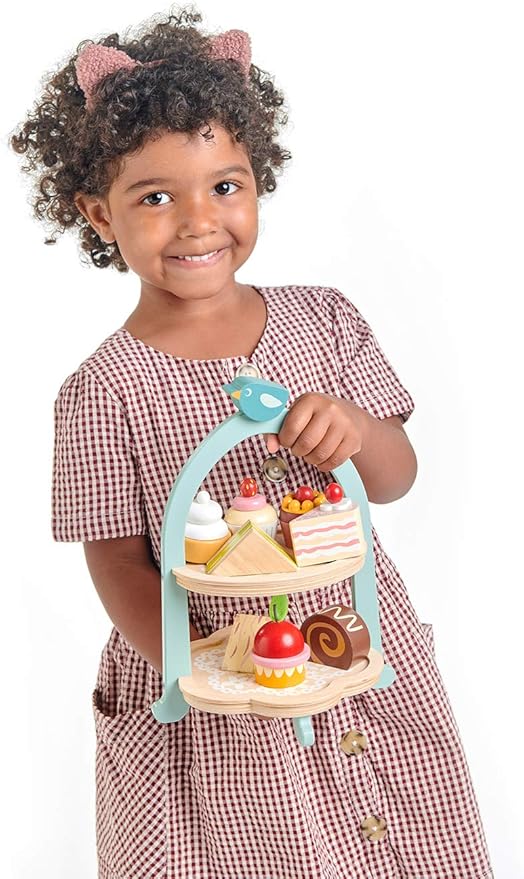 Tender Leaf Toys - Mini Chef Birdie Afternoon Tea Stand – Realistic English Sandwich, Cake and Pastry Tower for Pretend Play High-Tea Party - Social, Creative, and Imaginative Role Play - Age 3+