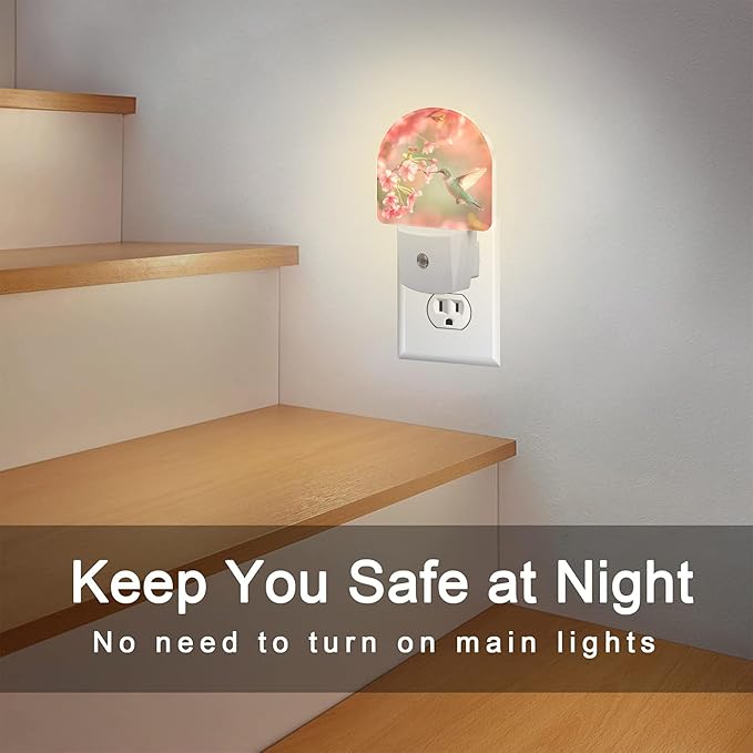 Hummingbird with Cherry Blossoms Night Light Plug into Wall, Pink Flowers Bird Dusk to Dawn Night Light,0.5w Energy Saving Sleep Friendly Nightlight for Kids Boys Girls Home
