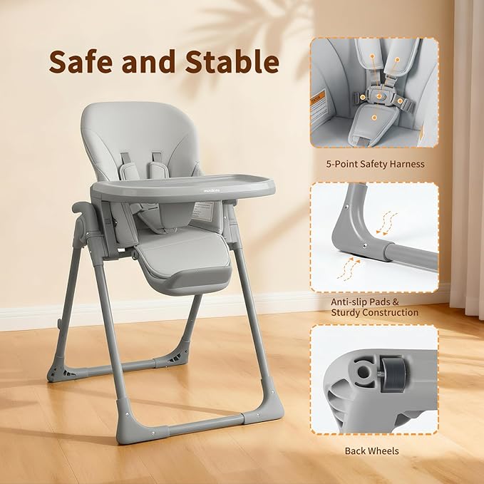 High Chair, Foldable High Chairs for Babies and Toddlers, Adjustable Height, Backrest and Footrest, Removable Tray, Gray