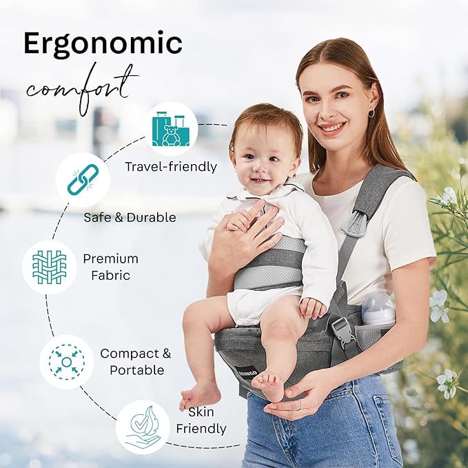 Baby Hip Carrier, Ergonomic,Baby Holder Carrier with Multiple Pockets & Shoulder Strap for Newborns & Toddlers -Gray