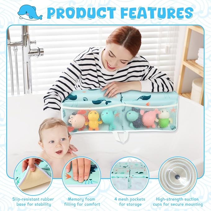 SKEFOLI Baby Bath Kneeler and Elbow Rest Pad Set,1.5" Thick Baby Bath Kneeler Pads with Toys Organizer, Pads to Support The Arm, Essentials, Ideal Kneeling Pad for Bathing