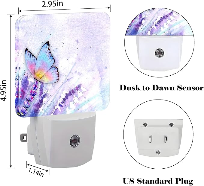 Lavender Butterfly Night Light,Plug-in Nightlights Auto Sensor Night Lamp Dusk-to-Dawn Lamp Home Decor for Nursery Children Girls Boys