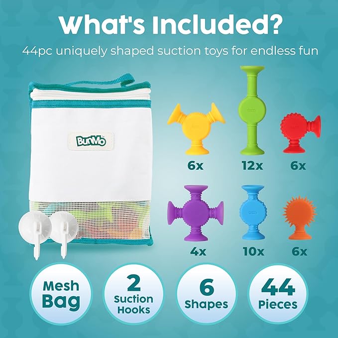 BUNMO Stocking Stuffers for Kids - Toddler Suction Bath Toys - Connect, Build, Create - Toddler Stocking Stuffers - Fine Motor Skills - Stimulating Sensory Fun - Textured 44 Pack