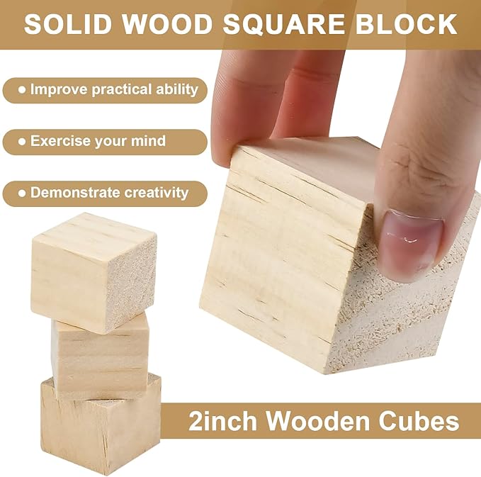 32 Pcs 2-Inch Unfinished Wooden Cubes - Natural Solid Wood Blocks for DIY Crafts, Geometric Art Puzzles, Letter Stamps & Building Kits