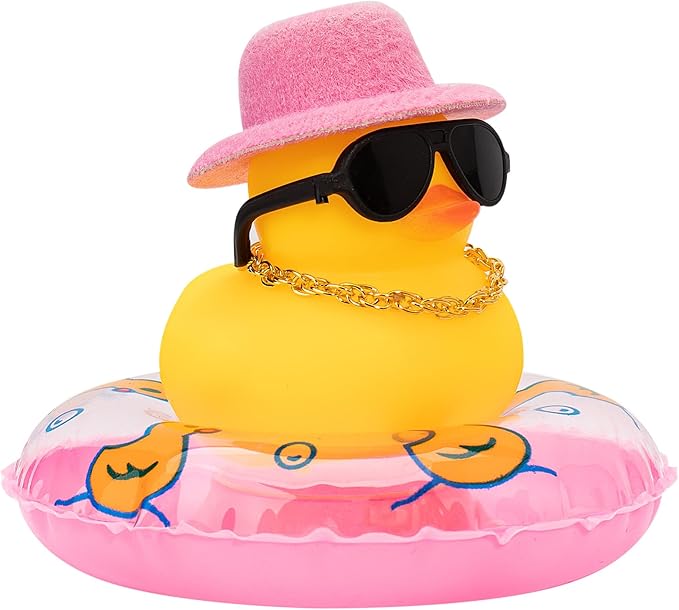 wonuu Car Rubber Duck, Yellow Duck Decoration Dashboard with Sun Hat Swim Ring Necklace Sunglasses for Car Dashboard Decorations, Pink Top Hat-Pink