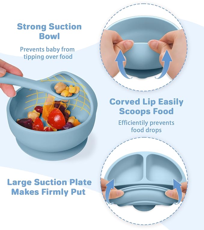 Silicone Baby Feeding Set, 10 Pcs Baby Led Weaning Supplies Baby Eating Essentials Set with Suction Bowl Divided Plate Adjustable Bib Soft Spoon Fork Cup with Lid Drinking Cup, Travel Bag (Blue)