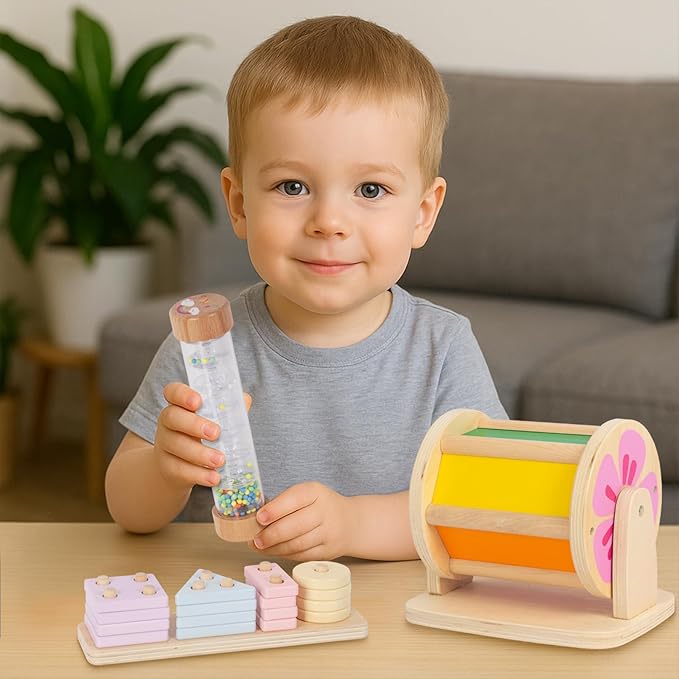 Wooden Baby Toys, 6-in-1 Newborn Learning Educational Sets Includes Mirror Spinning Drum, Rain Stick, Soft Cloth Books, Shape Sorter, Baby Roller - Christmas Birthday Gift for Boys Girls