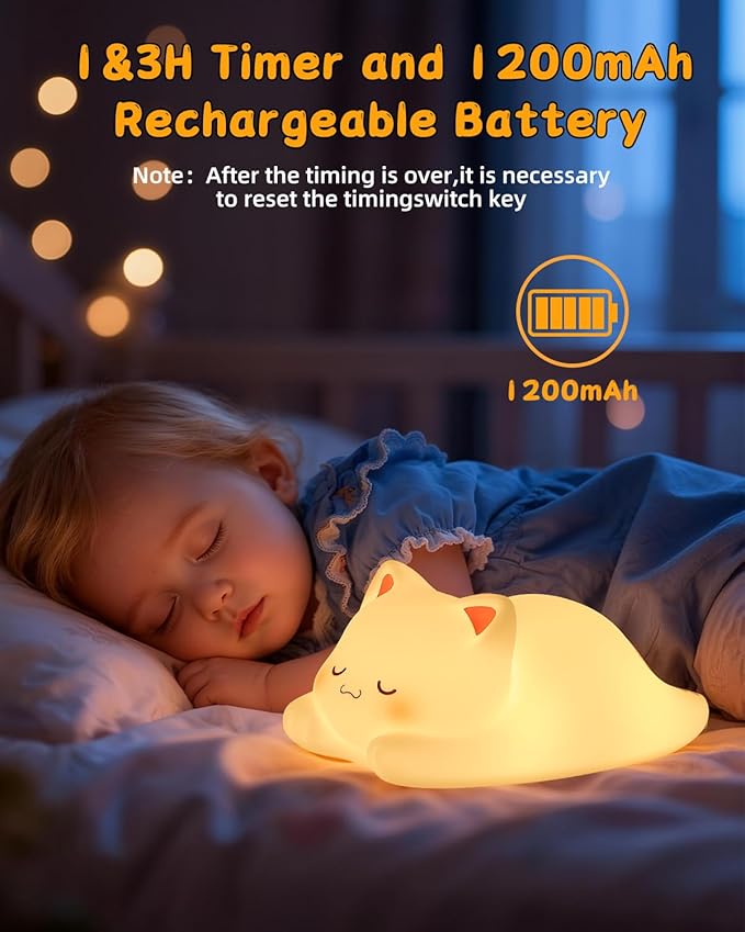 ZKLiLi Night Light for Kids Cute Cat Lamp,16 Colors+Tap+Remote+Silicone Kids Night Light,USB Remote Rechargeable Cat Night Lights for Room Decoration, Girls