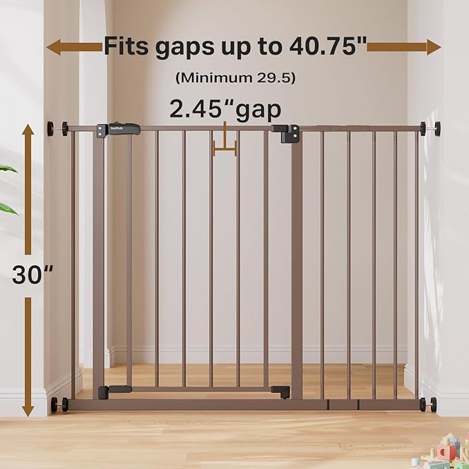 InnoTruth 29.5–40.75" Baby Gate for Stairs, 30" Tall Dog Gates for Doorways & Hallways, Safety Gate for Kids & Pets, Pressure-Mounted Walk-Through with Dual Lock & 2-Way Swing, Brown