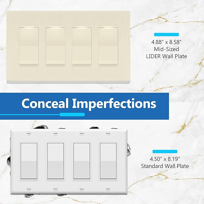 LIDER Brushed Finish Decorator Switch Cover, Screwless Wall Plate, Mid-Size 4-Gang 4.88" x 8.58", Unbreakable Polycarbonate Thermoplastic, UL Listed, LSWP-34M-BLA, Brushed Light Almond