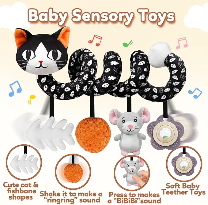Baby Carseat Toy Black & White Rattle Spiral Hanging Activity Stroller Toy for Newborns Boys and Girls - Cat