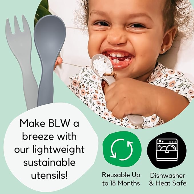 THEO'S 20 Pack Eco-Friendly Utensils for Baby & Toddler | 100% Biodegradable + Compostable 5.0"x1.2" Plant Based Spoons & Forks (10 each) | BPA Free, Dishwasher + Microwave Safe, Light & Dark Gray